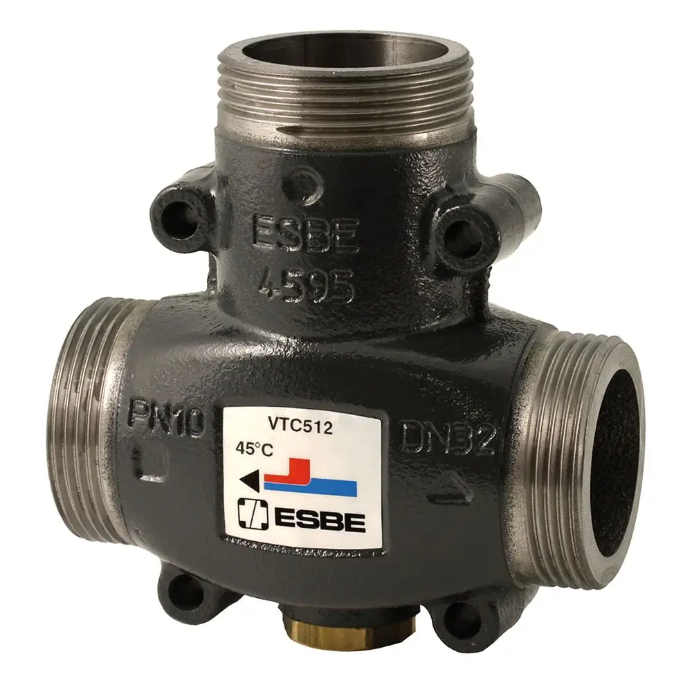 Thermisches Ventil der Marke ESBE mit mehreren Anschlussmöglichkeiten. Das Produkt hat eine robuste Bauweise und ist für den Einsatz in Heizsystemen konzipiert.